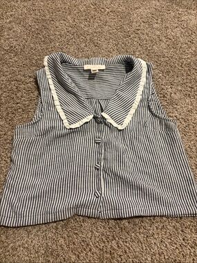 Sleeveless Navy & White Striped Button-Down Top with Cream Trim